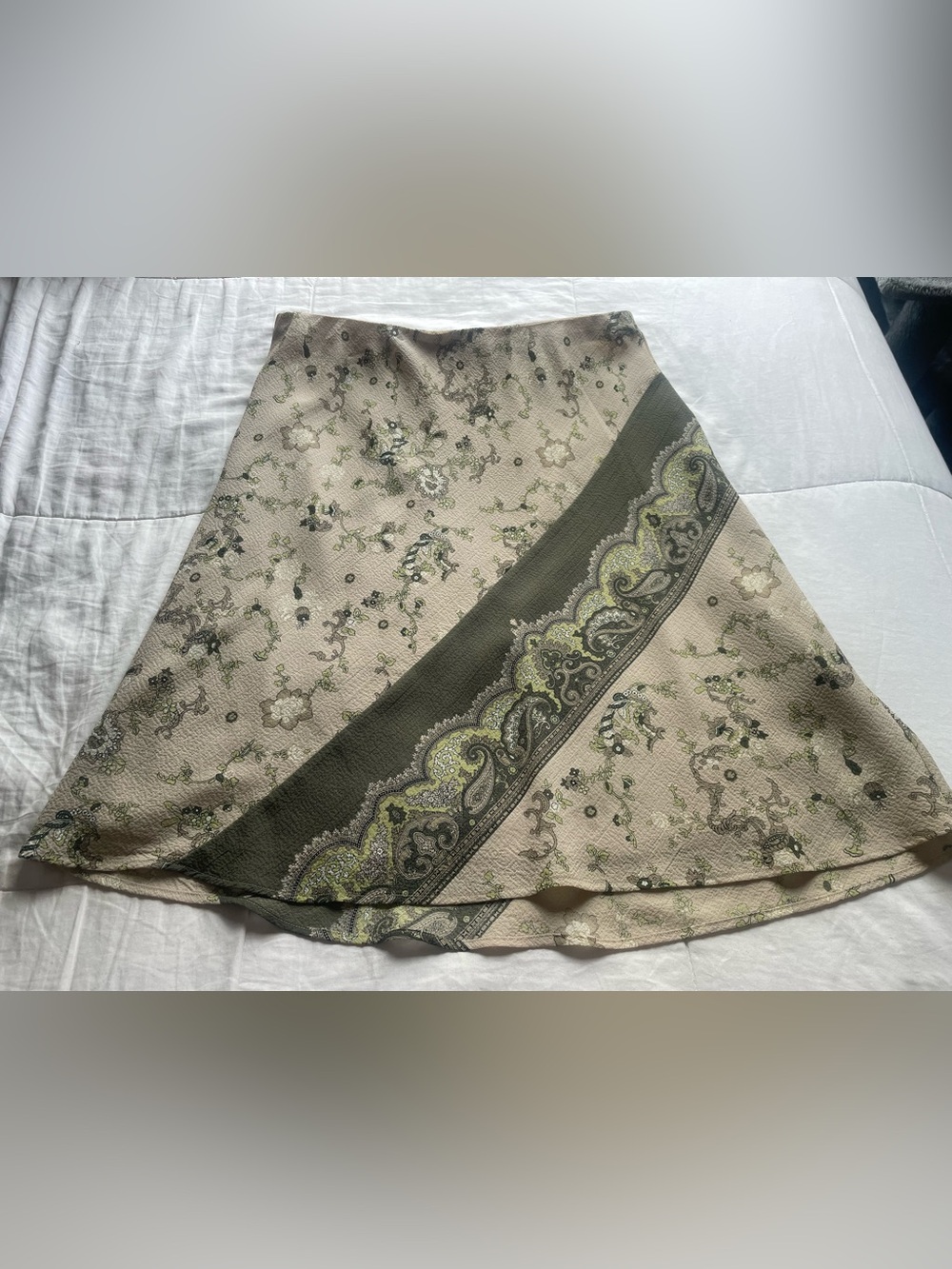 Vintage Pull On Sage Green Tan Paisley Scarf Print‎ Mini Slip Skirt 14 Fairycore